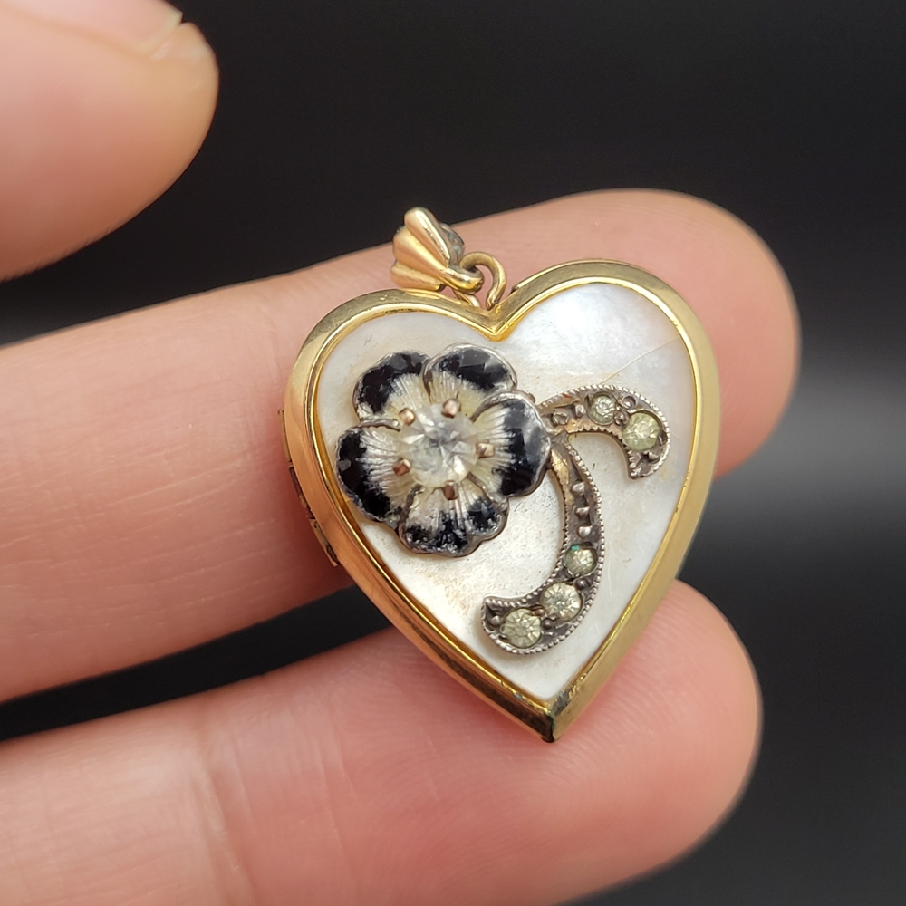 Vintage Gold Filled Heart Locket Pendant with Black & White Floral Accent
